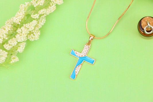 Rose Gold Cross Pendant with Aqua Enamel and Sparkling Stones, XPPT1508 (2140-1)
