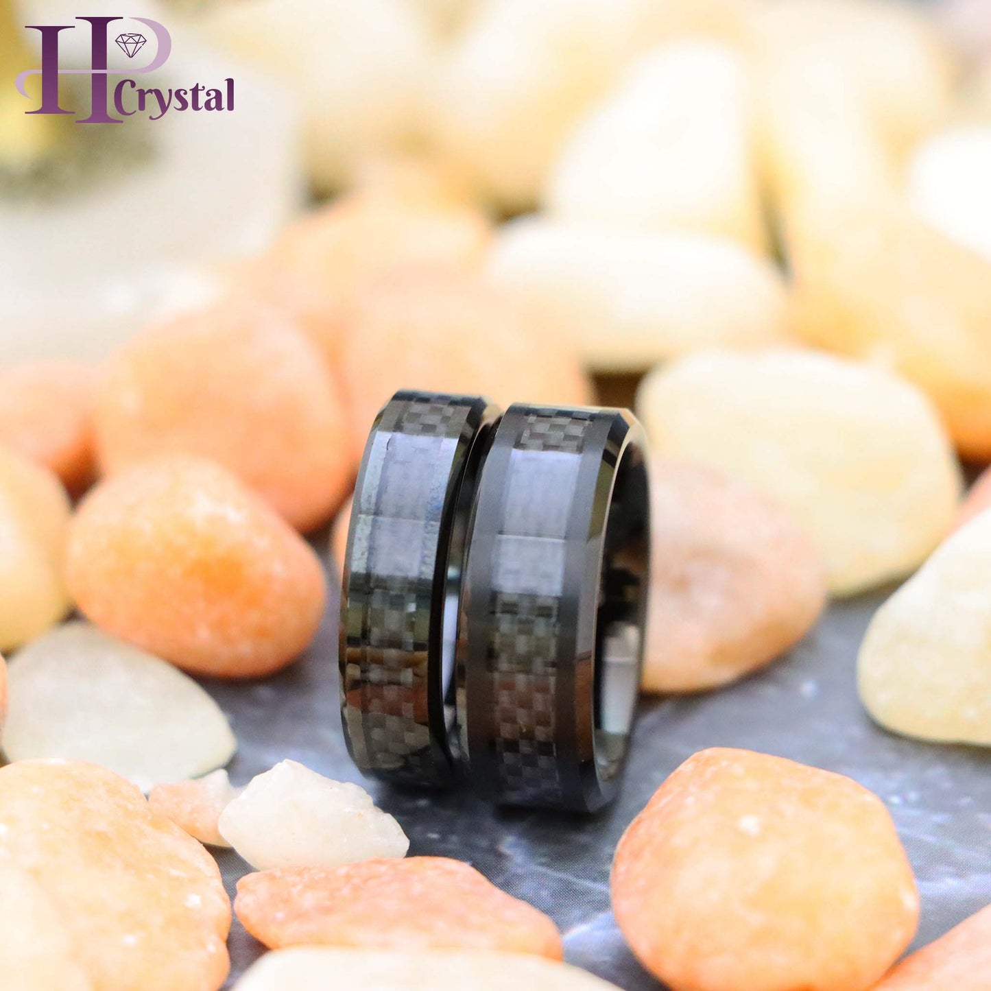 Black IP Plated with Black Carbon Fiber Inlay Beveled Edge Tungsten Ring