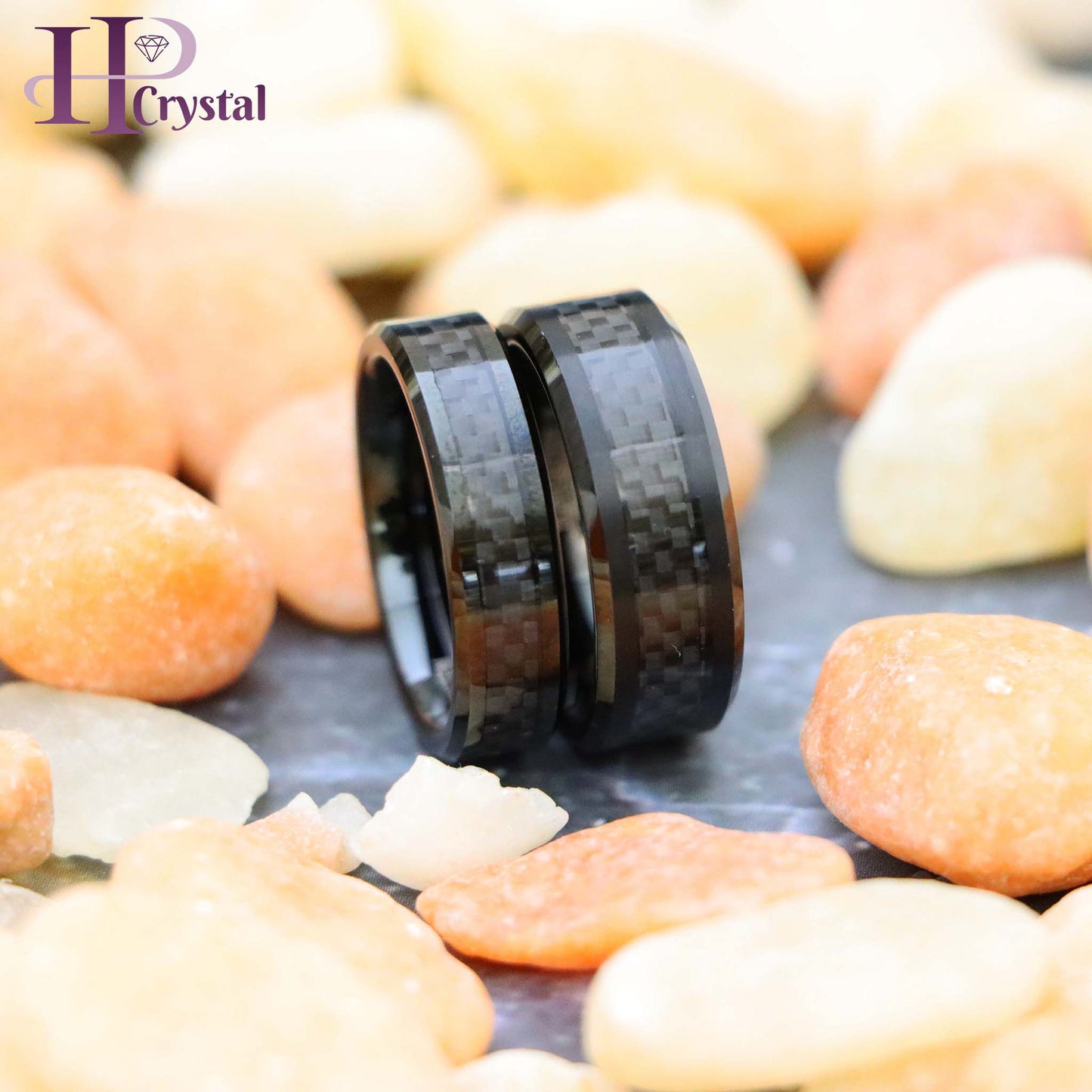 Black IP Plated with Black Carbon Fiber Inlay Beveled Edge Tungsten Ring