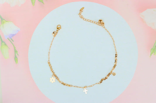 Rose Gold Anklet with Cross &amp; Floral Charms, XPAL1058 (2106-7)