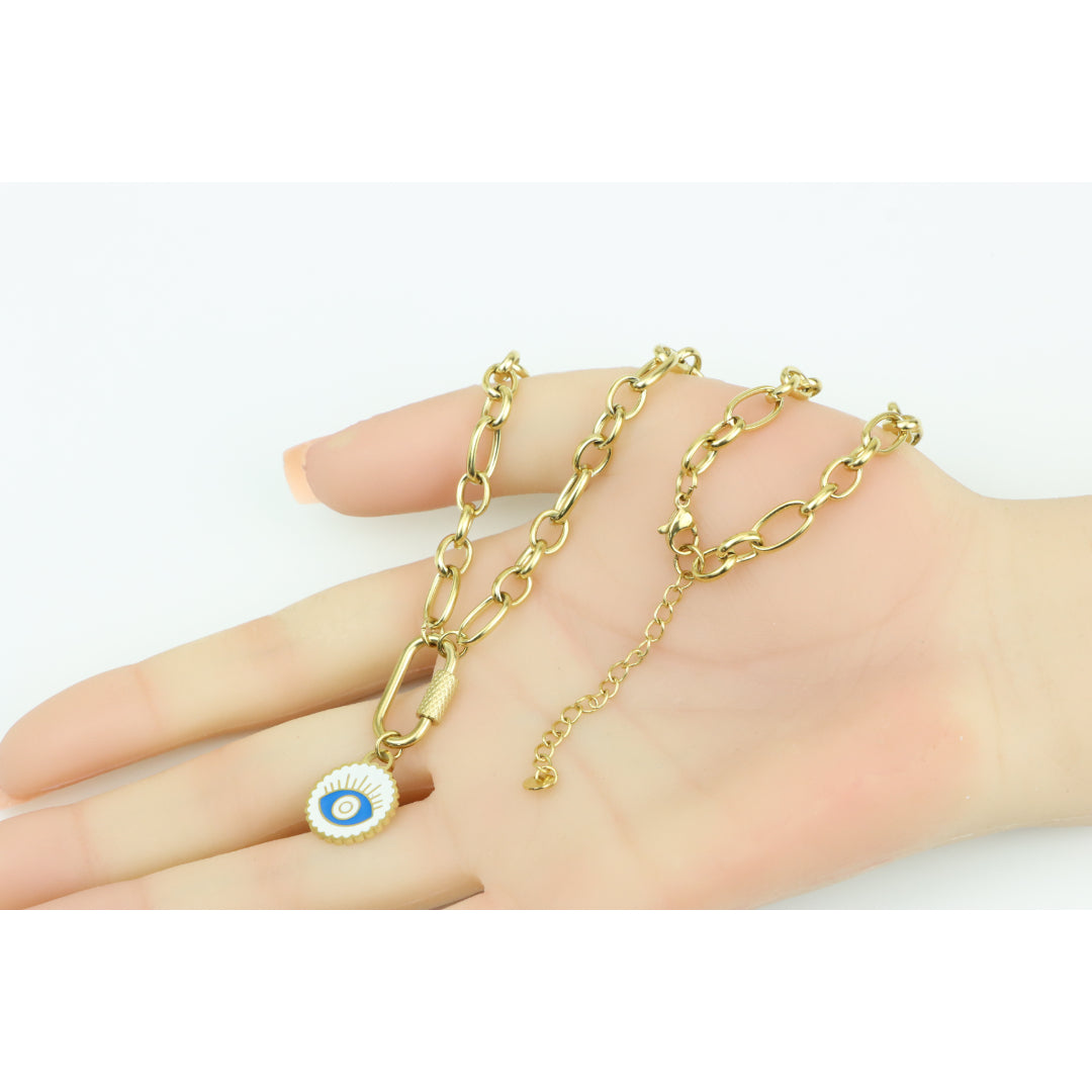 Chunky Gold Link Necklace with Eye Charm – Bold Yellow Jewelry, XPNL0368 (2037-8)