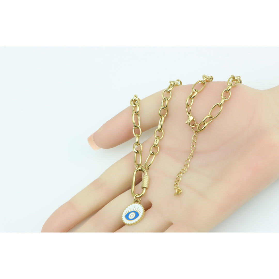 Chunky Gold Link Necklace with Eye Charm – Bold Yellow Jewelry, XPNL0368 (2037-8)