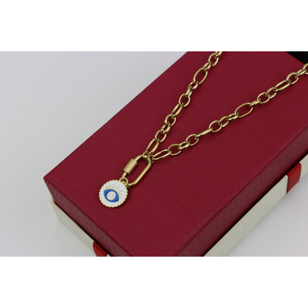 Chunky Gold Link Necklace with Eye Charm – Bold Yellow Jewelry, XPNL0368 (2037-8)
