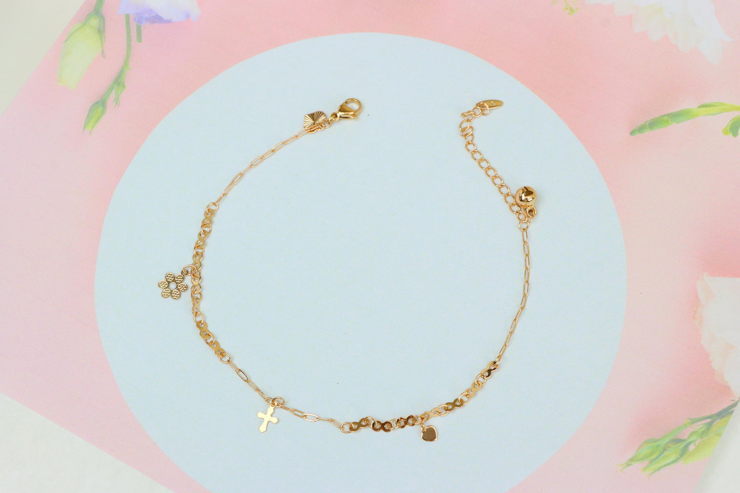 Rose Gold Anklet with Cross &amp; Floral Charms, XPAL1058 (2106-7)