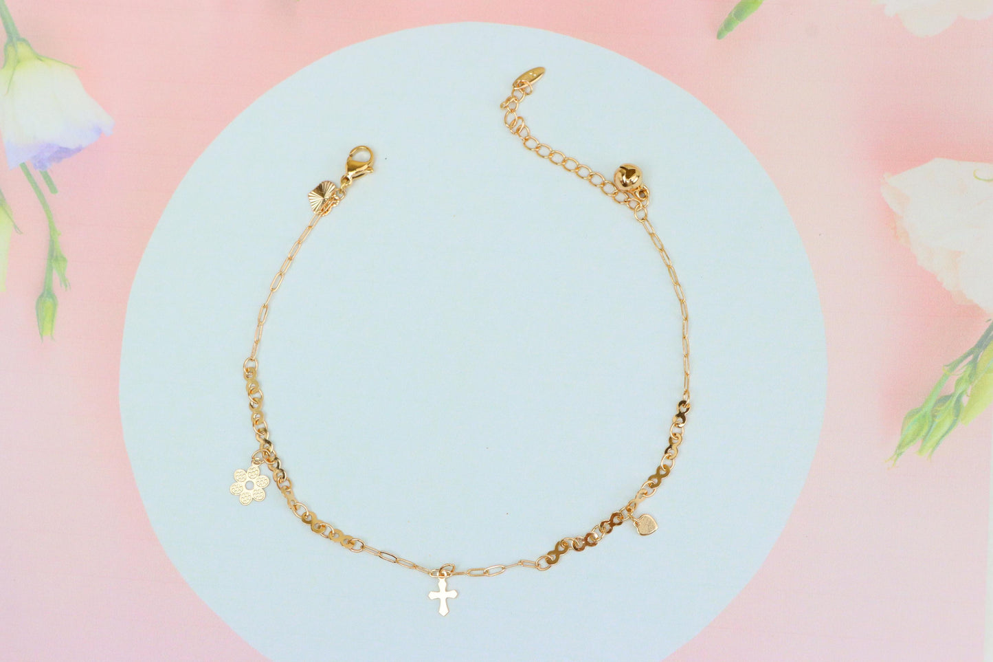Rose Gold Anklet with Cross &amp; Floral Charms, XPAL1058 (2106-7)