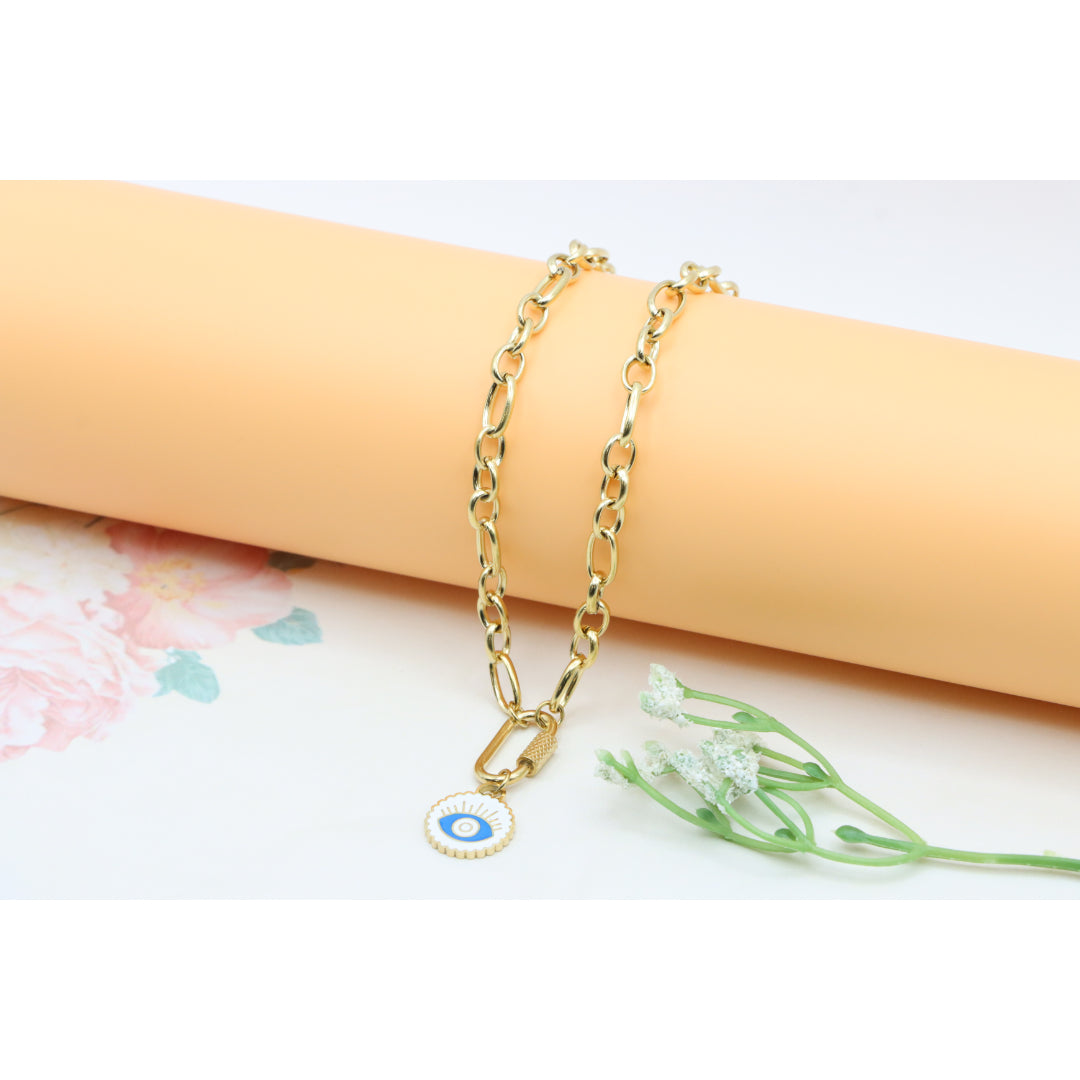 Chunky Gold Link Necklace with Eye Charm – Bold Yellow Jewelry, XPNL0368 (2037-8)