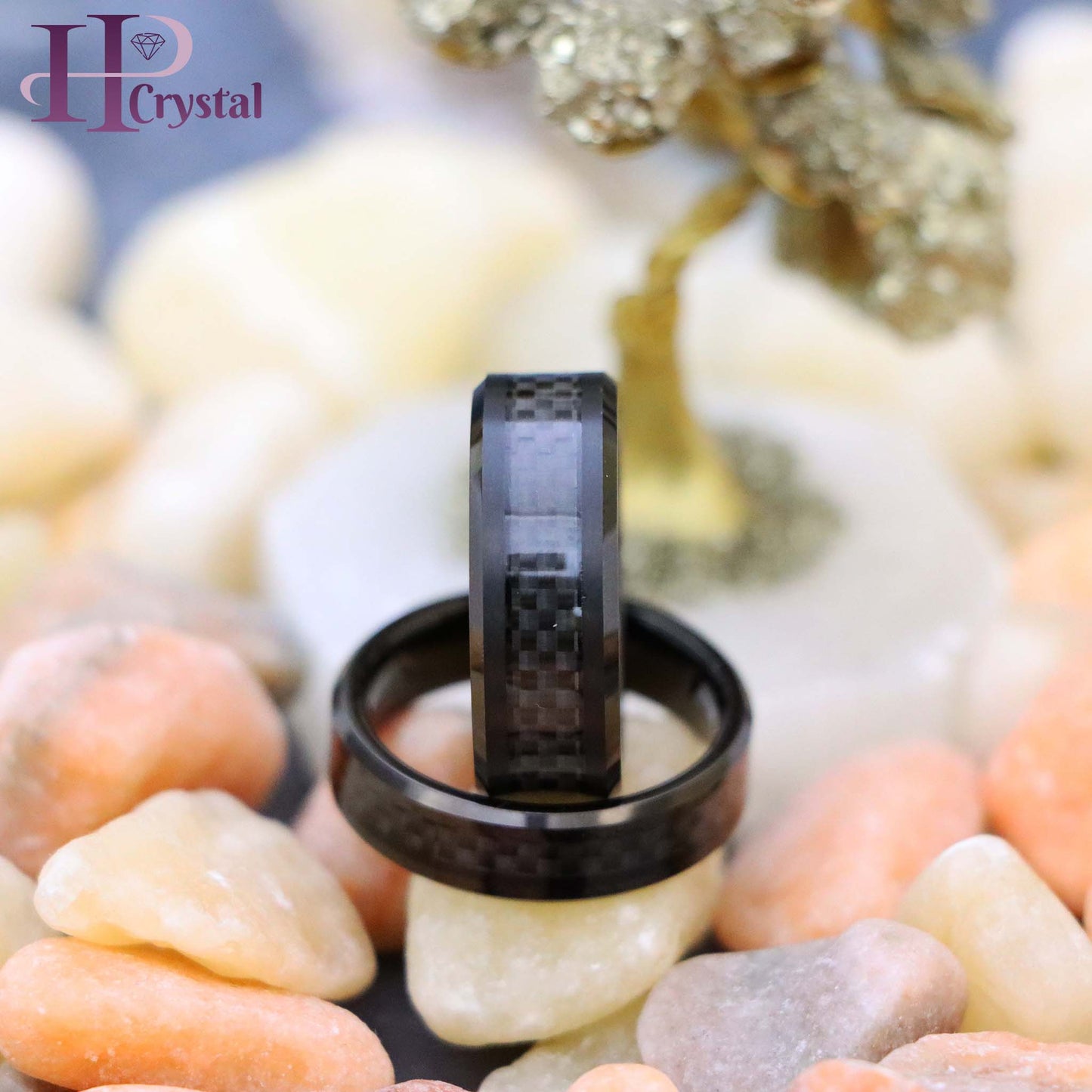 Black IP Plated with Black Carbon Fiber Inlay Beveled Edge Tungsten Ring