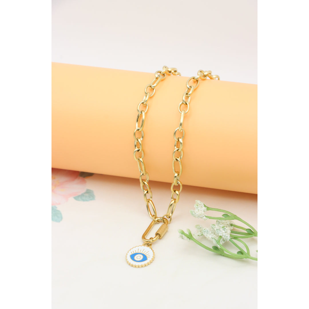 Chunky Gold Link Necklace with Eye Charm – Bold Yellow Jewelry, XPNL0368 (2037-8)