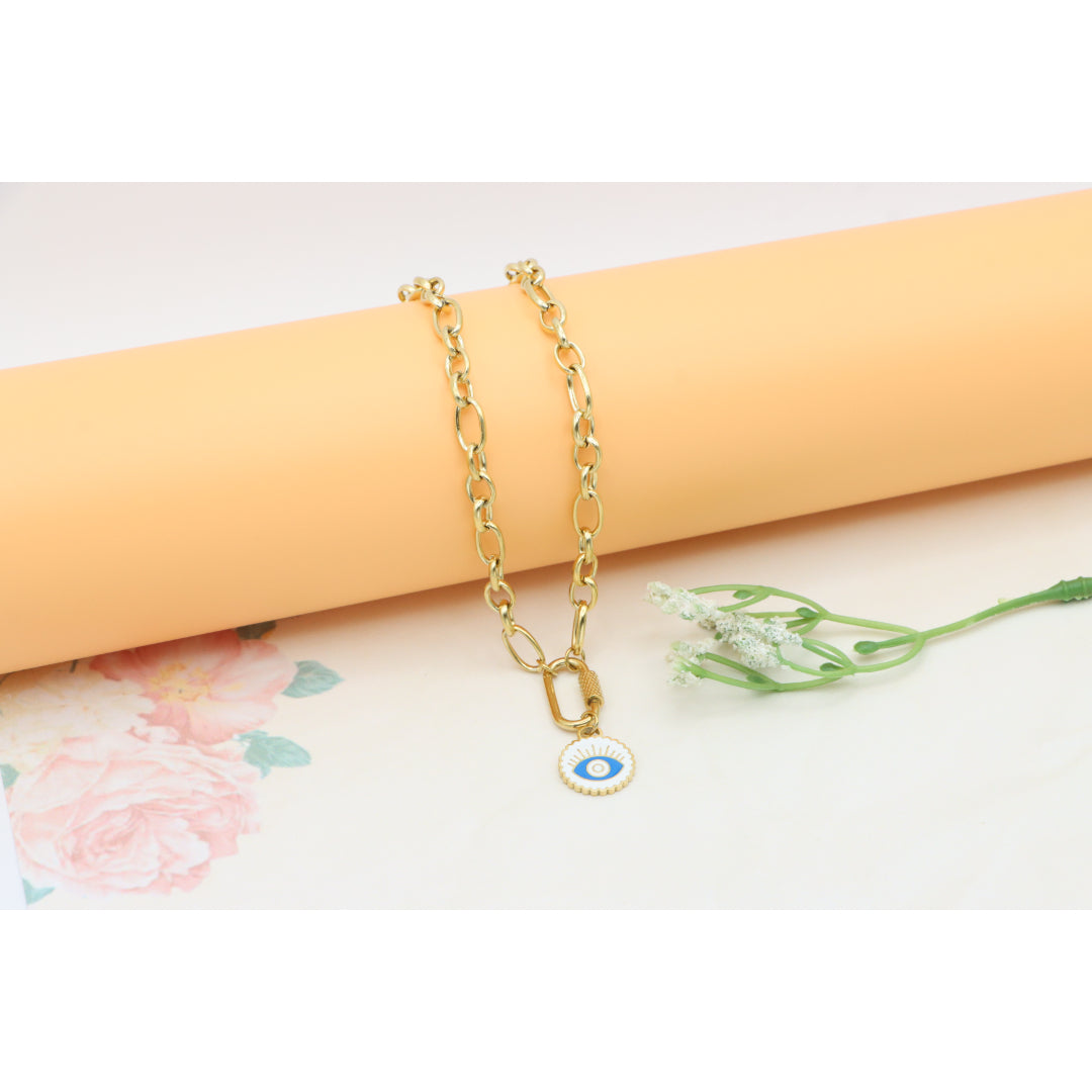 Chunky Gold Link Necklace with Eye Charm – Bold Yellow Jewelry, XPNL0368 (2037-8)