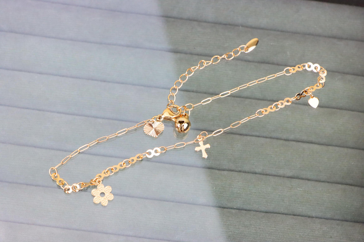 Rose Gold Anklet with Cross &amp; Floral Charms, XPAL1058 (2106-7)