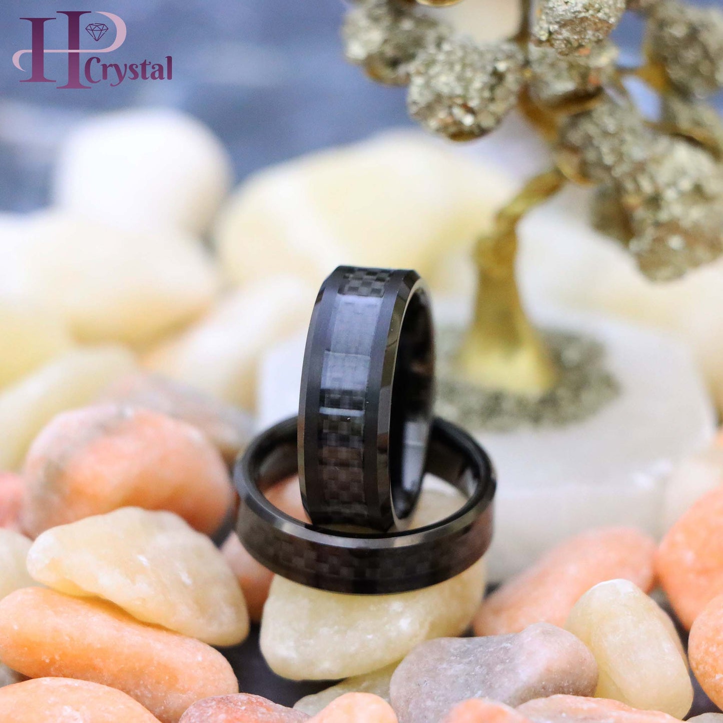 Black IP Plated with Black Carbon Fiber Inlay Beveled Edge Tungsten Ring