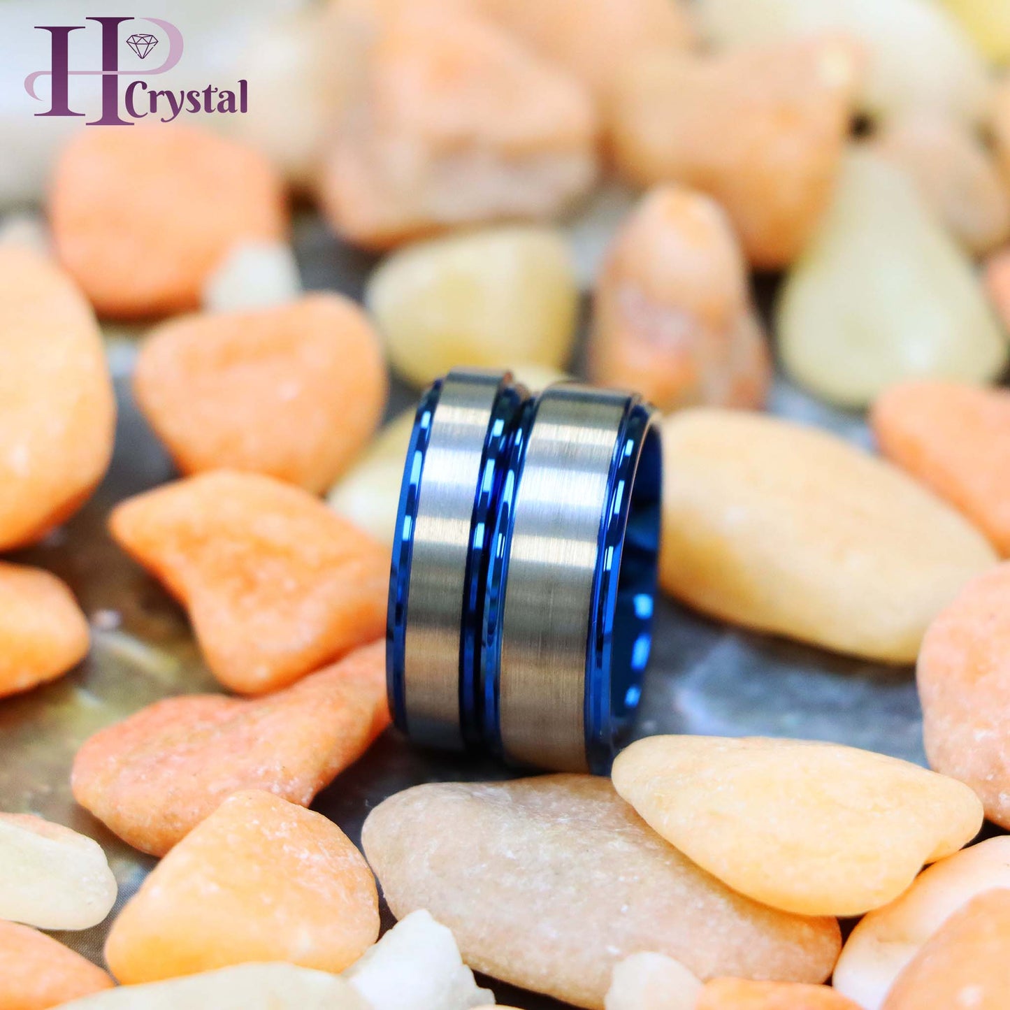 Blue IP Plated Beveled Edge & Gun Metal Brushed Finish Tungsten Ring