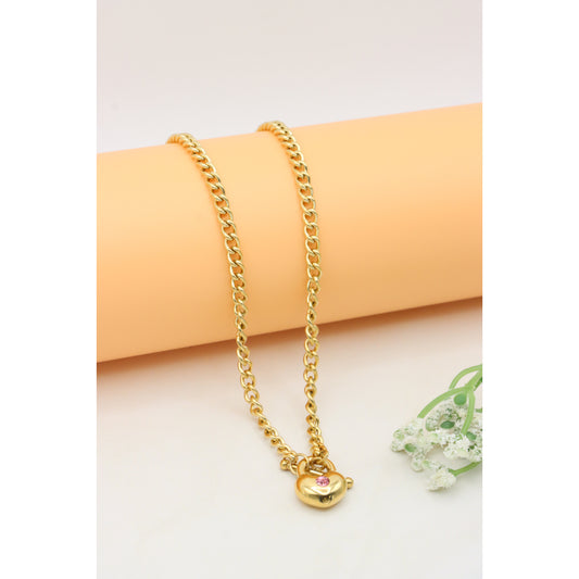 Chunky Gold Chain Necklace with Heart Pendant and Pink Stone, XPNL0372 (2038-2)