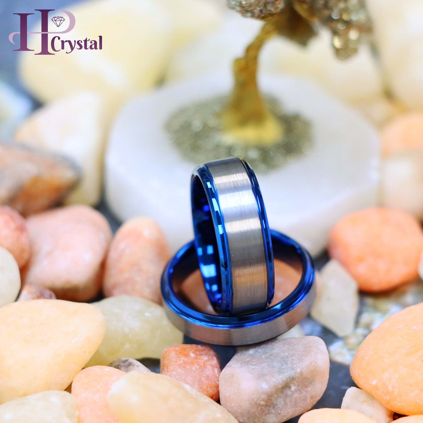 Blue IP Plated Beveled Edge & Gun Metal Brushed Finish Tungsten Ring