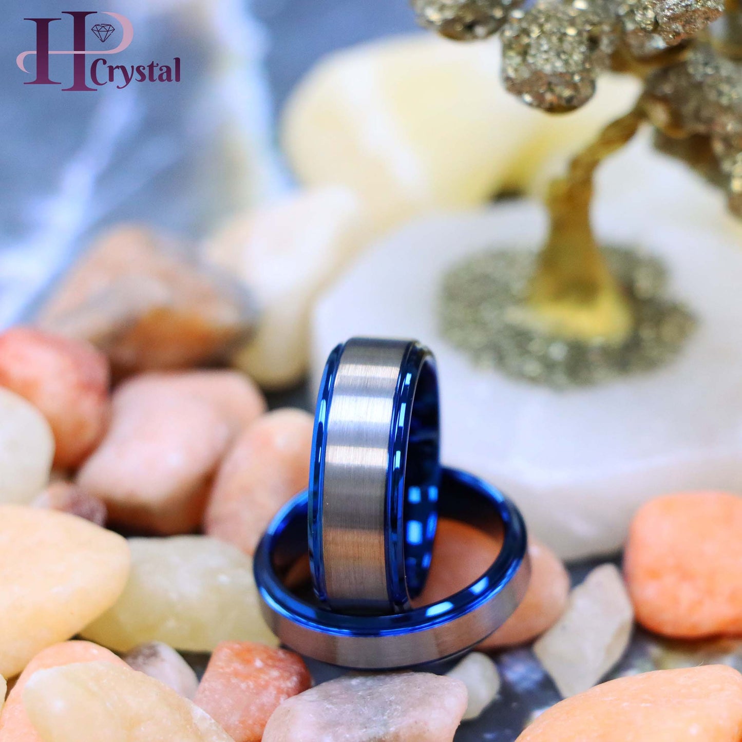 Blue IP Plated Beveled Edge & Gun Metal Brushed Finish Tungsten Ring