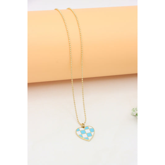 Gold Plated Blue Checkered Heart Pendant Necklace, XPNL0376 (2038-6)