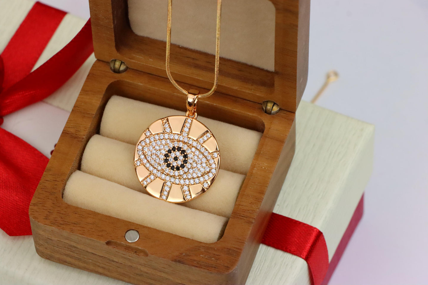 Round Evil Eye Rose Gold Pendant with CZ Crystals and Shine Finish, XPPT1519 (2141-2)