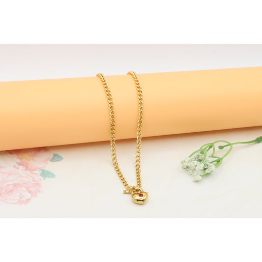Gold Plated Heart Pendant Necklace With Red Stone Charm, XPNL0380 (2038-10)