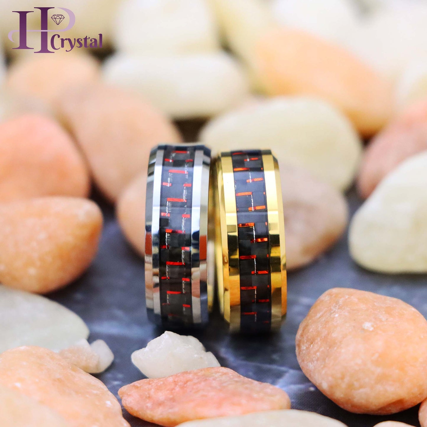 Yellow Gold/Silver Plated High Polish with Red & Black Carbon Fiber Inlay Beveled Edge Tungsten Ring