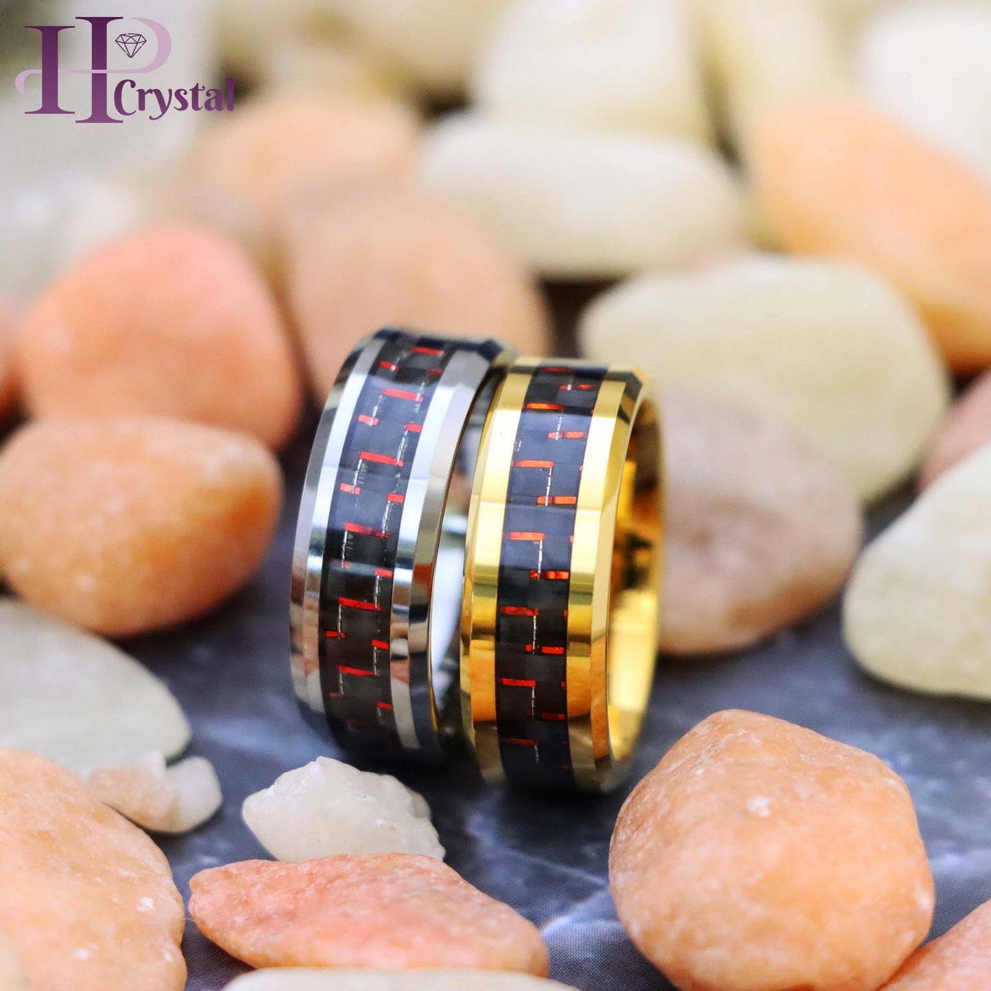 Yellow Gold/Silver Plated High Polish with Red & Black Carbon Fiber Inlay Beveled Edge Tungsten Ring