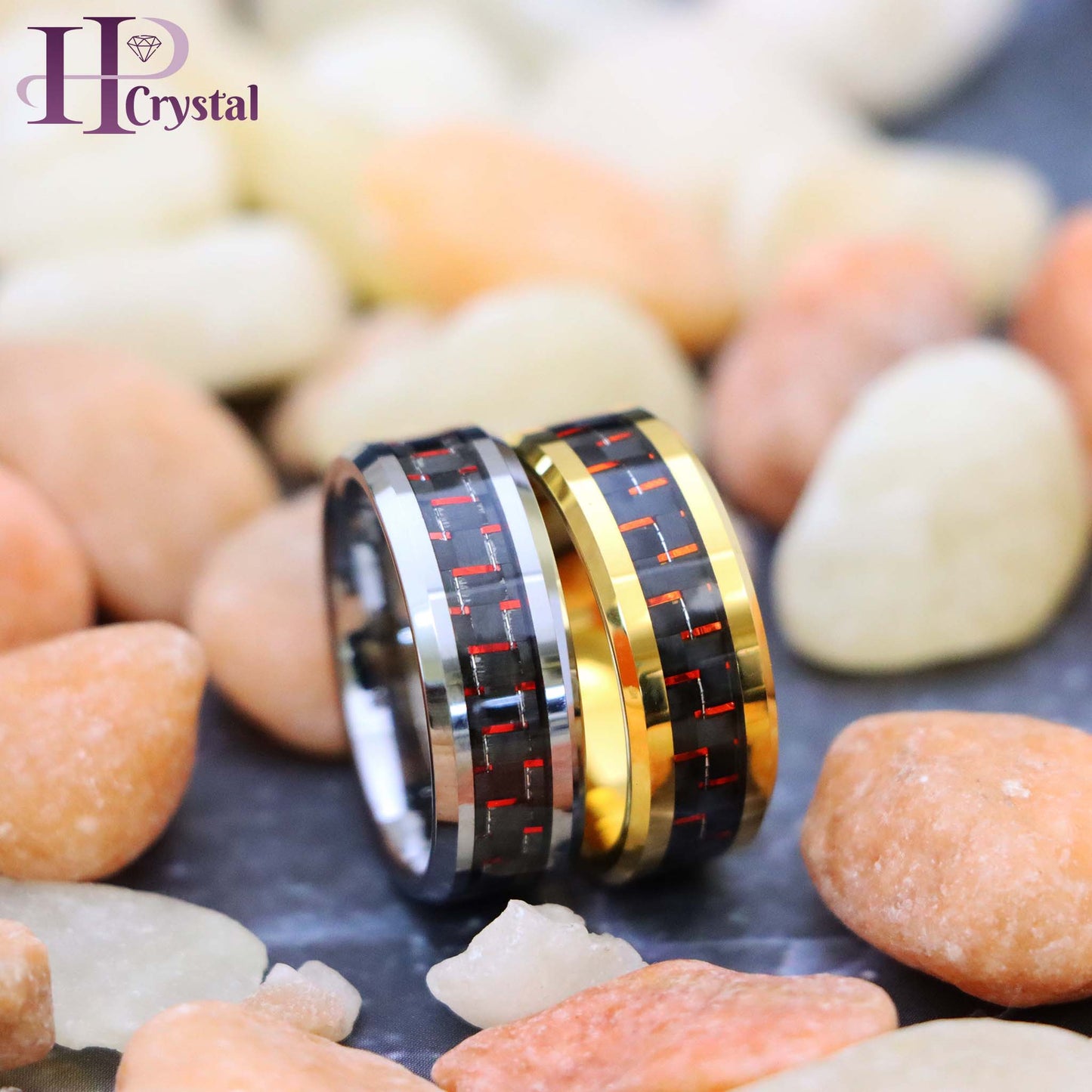 Yellow Gold/Silver Plated High Polish with Red & Black Carbon Fiber Inlay Beveled Edge Tungsten Ring