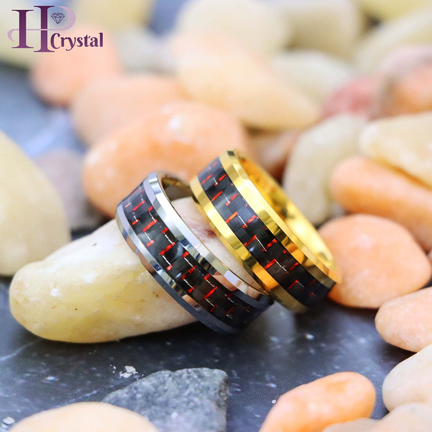 Yellow Gold/Silver Plated High Polish with Red & Black Carbon Fiber Inlay Beveled Edge Tungsten Ring