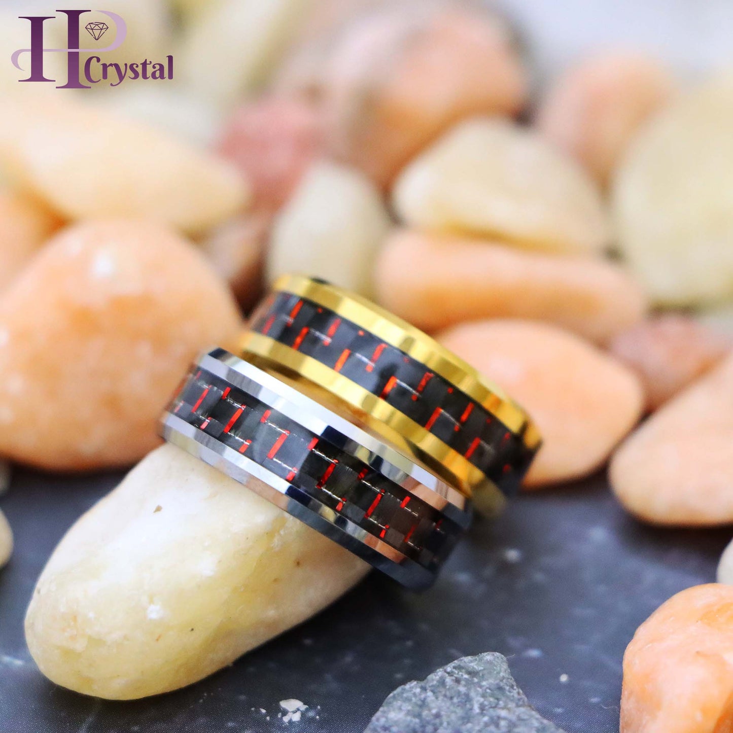 Yellow Gold/Silver Plated High Polish with Red & Black Carbon Fiber Inlay Beveled Edge Tungsten Ring