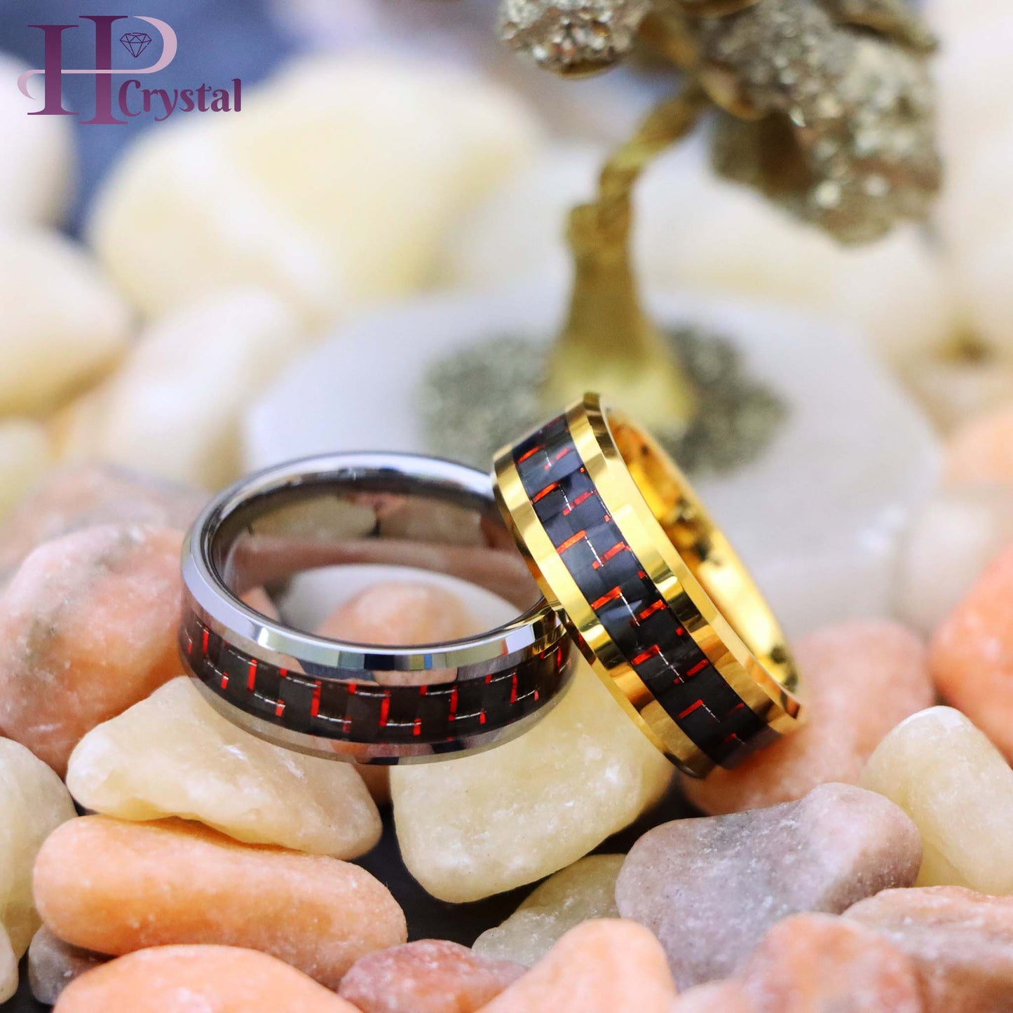 Yellow Gold/Silver Plated High Polish with Red & Black Carbon Fiber Inlay Beveled Edge Tungsten Ring