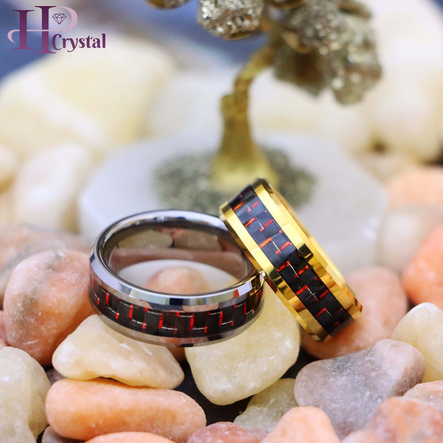 Yellow Gold/Silver Plated High Polish with Red & Black Carbon Fiber Inlay Beveled Edge Tungsten Ring