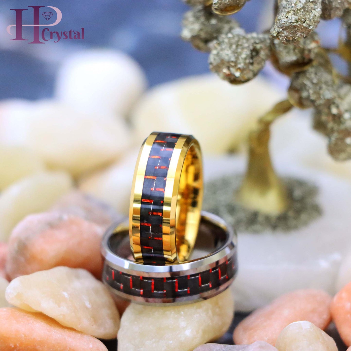 Yellow Gold/Silver Plated High Polish with Red & Black Carbon Fiber Inlay Beveled Edge Tungsten Ring