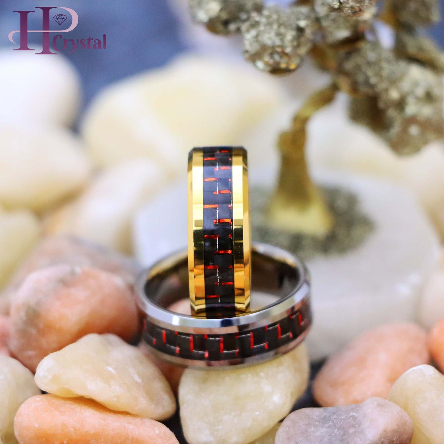 Yellow Gold/Silver Plated High Polish with Red & Black Carbon Fiber Inlay Beveled Edge Tungsten Ring