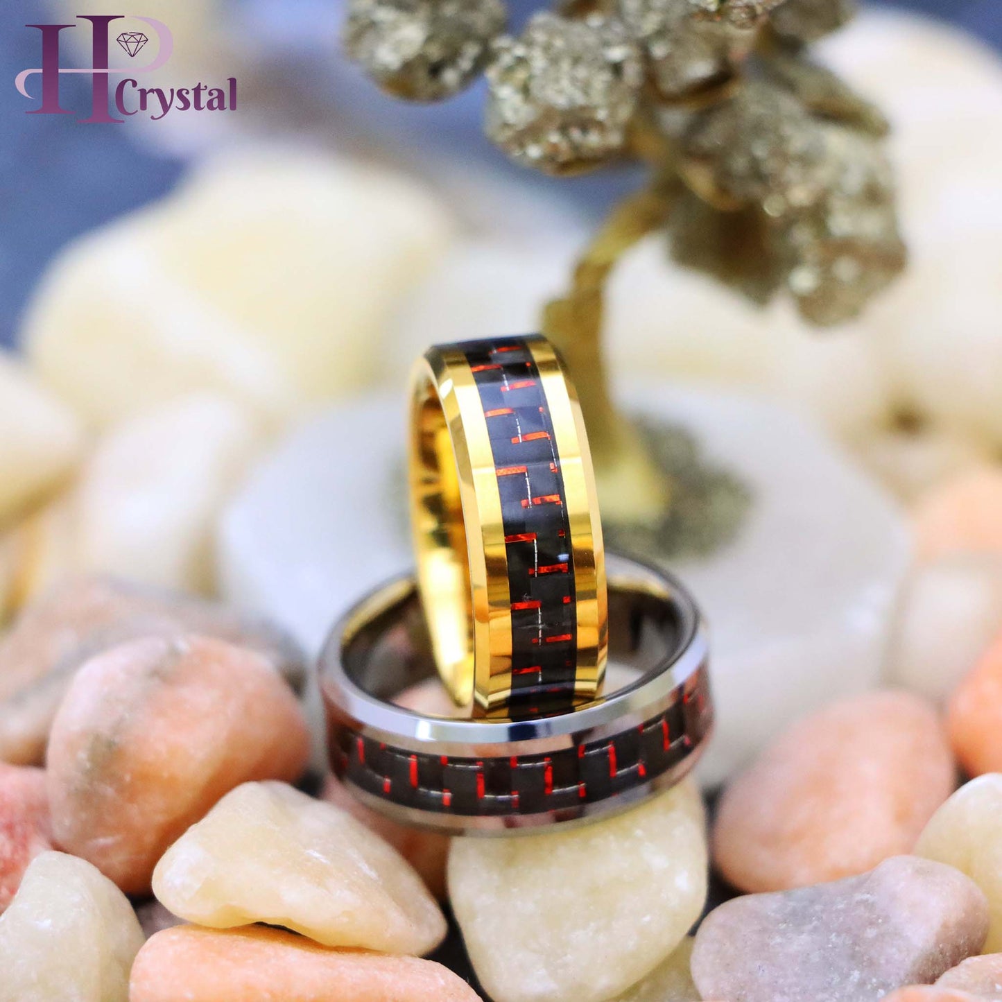 Yellow Gold/Silver Plated High Polish with Red & Black Carbon Fiber Inlay Beveled Edge Tungsten Ring