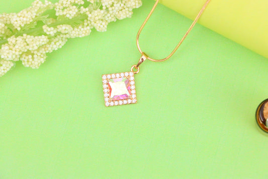 Rose Gold Square Pendant with Iridescent Stone and Crystal Border, XPPT1526 (2141-9)
