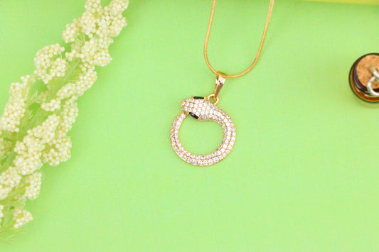 Rose Gold Snake Circle Pendant with Sparkling CZ and Black Eyes, XPPT1529 (2142-2)