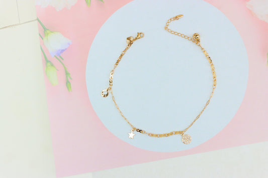 Charming Rose Gold Anklet with Star &amp; Circle Charms, XPAL1072 (2108-1)