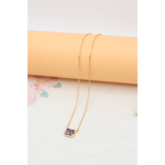 Rose Gold Necklace with Purple Square Crystal Pendant - Elegant Style, XPNL0395