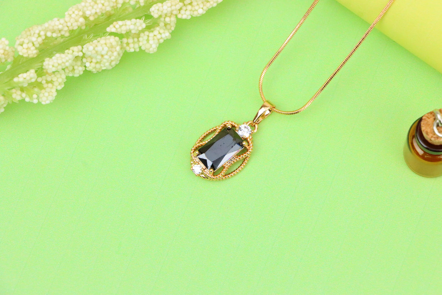 Black Rectangle Pendant with Gold Plated Brass &amp; Crystal Accents, XPPT1682 (2164-3)