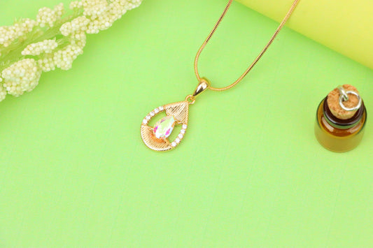Teardrop Pendant with White Rainbow Stone and Gold Frame Design, XPPT1686 (2164-4)