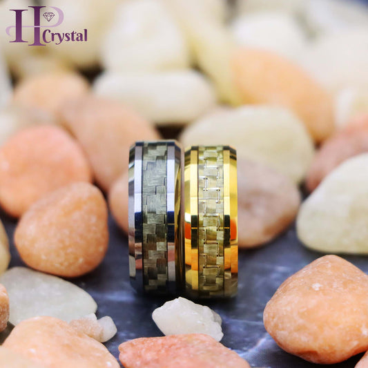 Yellow Gold/Silver Plated High Polish with Golden/White Carbon Fiber Inlay Beveled Edge Tungsten Ring