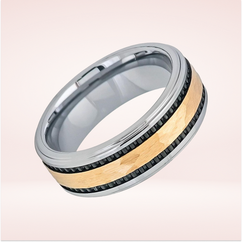 Silver and Yellow Gold Ring, 8mm Yellow Gold IP Hammered Black IP Plated Stripes Tungsten Ring, Mens Wedding Band, Mens Engagement Ring